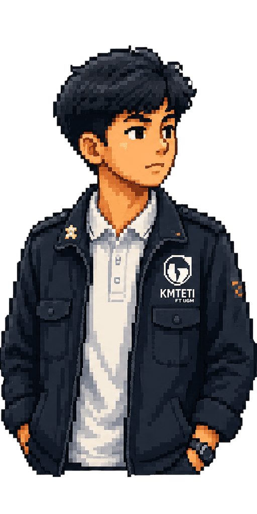 Pixel-art illustration of Farrel in a navy KMTETI jacket